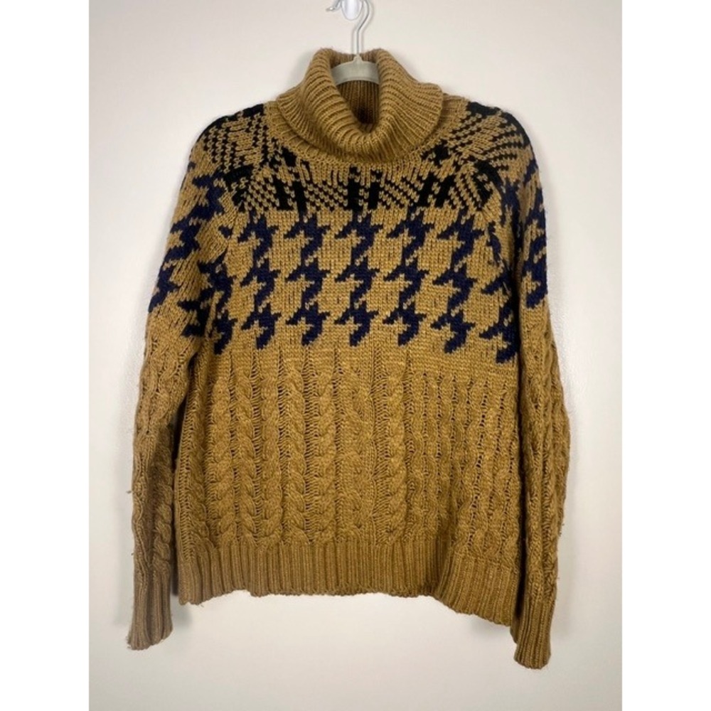 John + Jenn Womens Mustard Yellow Houndstooth Cable Knit Turtleneck Sweater M